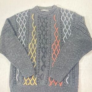 Charcoal Cable Knit Sweater with Multicolor Accents